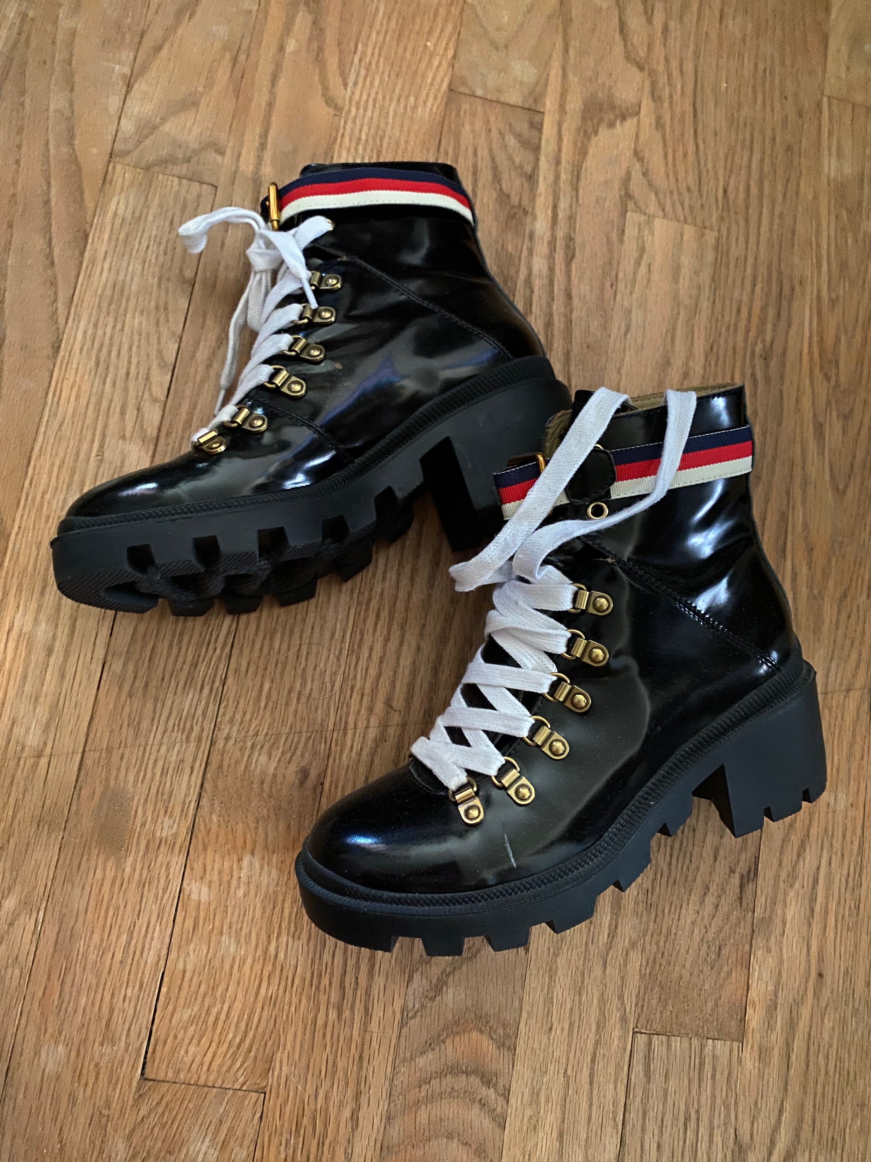 Gucci Sylvie Web Combat Moto Boots 38
