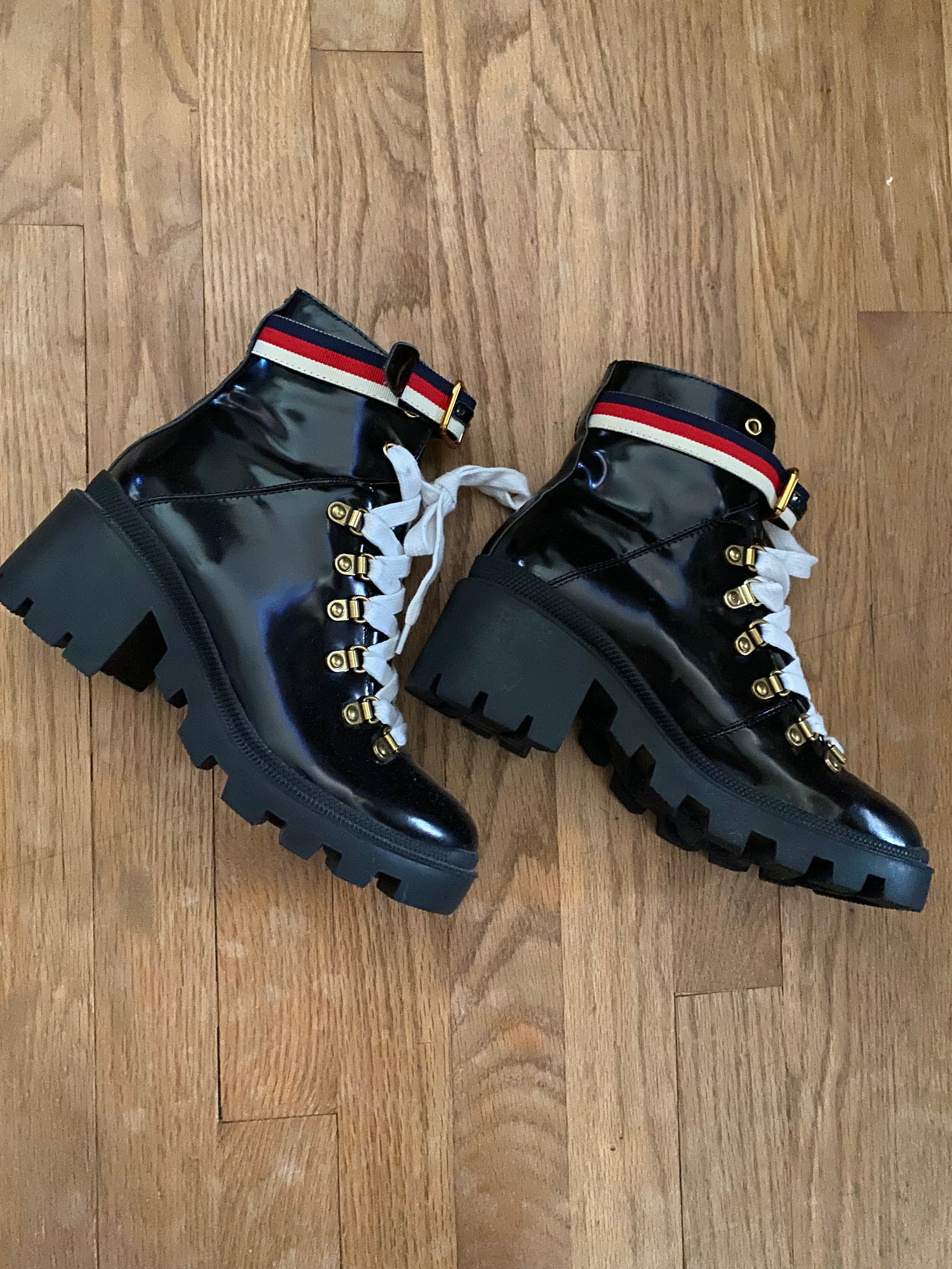 Gucci Sylvie Web Combat Moto Boots 38